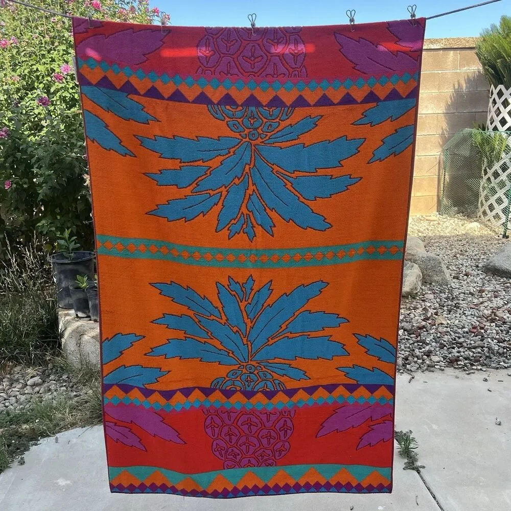 Vtg 80s Royal Terry Pineapple Beach Giant Towel 62x35” Retro geometric Orange